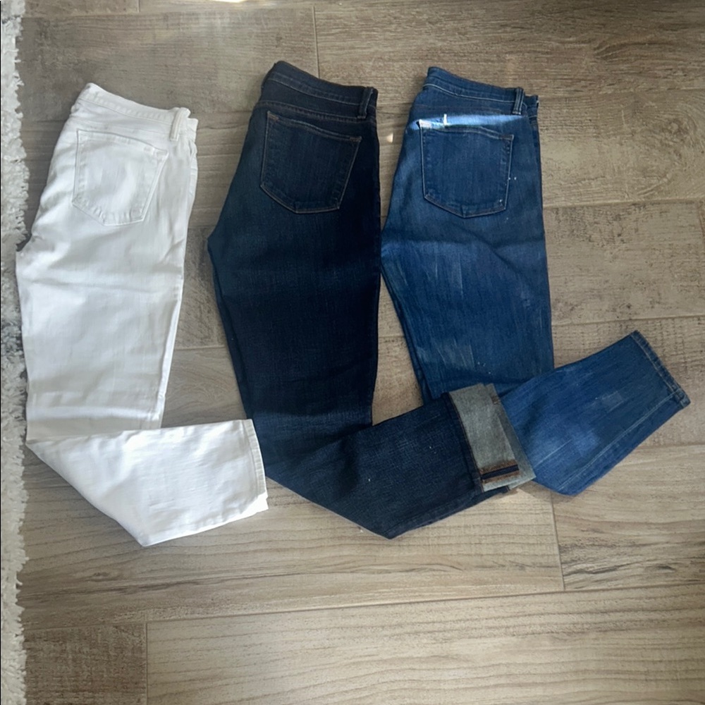 Set of Three Jeans in White, Dark Blue, and Medium Blue